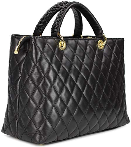 Belli edle italienische Echt Nappa Leder Damentasche Henkeltasche Umhängetasche gesteppt in schwarz - 34x25x17 cm (B x H x T)