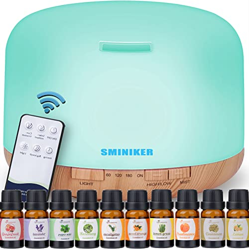 Sminiker Diffuser 500ML Essential Oil Diffuser Adjustable Mist Mode and Waterless Auto Shut-Off with Wireless Remote, 7 LED Light Colors Diffusers for Home