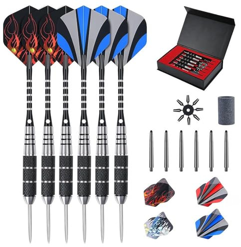 flintronic Freccette con Punta in Acciaio, 6 Pezzi Freccette Professionali Punta Acciaio, Freccette Punta Acciaio con Aste in Alluminio con O-Rin/Standard e Slim Alette/Affilatore per Darts/Custodia