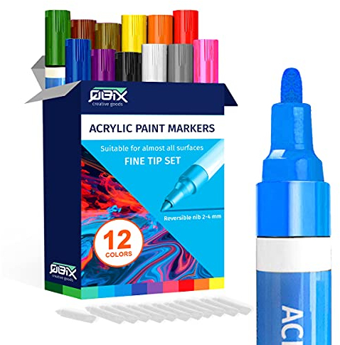 QBIX Acrylfarben-Markierungszeit feine Spitze - 12 Farben - Geeignet für viele Oberflächen