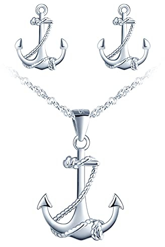 MicVivien 925 sterlingsilver dam kedja ankare hänge halsband, ankare stiftörhängen silver ankare armband armband, dam smycken set för kvinnor flickor mamma flickvän, Sterlingsilver