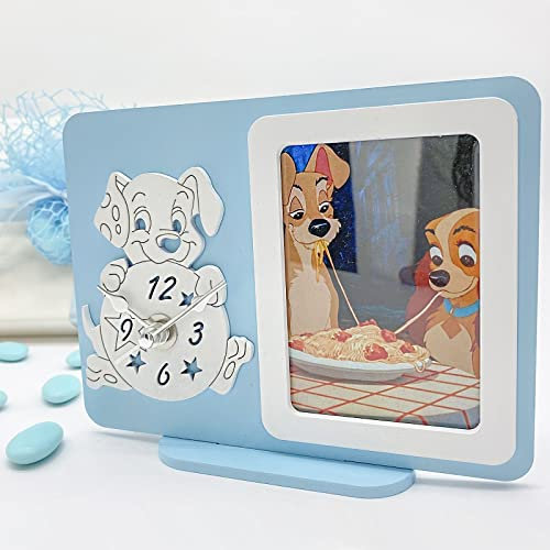 Ingrosso e Risparmio Orologio con Cornice Foto incorporata Celeste in Legno con Cagnolino Bianco Carica dei 101- bomboniere Battesimo Bambino