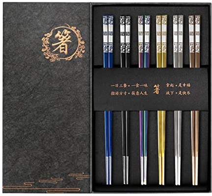Essstäbchen Wiederverwendbar Edelstahl Essstäbchen 6 Paar, Anti-Rutsch Stäbchen Spülmaschinenfest Japanische Essstäbchen, Metall Essstäbchen Personalisiert Chopsticks Geschenkset