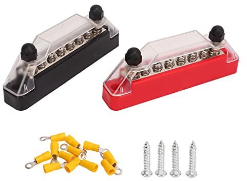 KIMISS Batterieanschlussklemmen, 2 Stück 6-poliger Stromverteilerblock 12-48 V 150 Amp. 2 M6-Anschlussklemmen 6 M4-Verdrahtungsschrauben-Sicherungsblockhalter