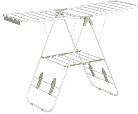 SONGMICS Clothes Airer, Foldable Clothes Drying Rack, Clothes Horse with Height-Adjustable Wings, Free-Standing Laundry Drying Rack, Indoor and Outdoor Use, Steel, White and Green LLR502C01
