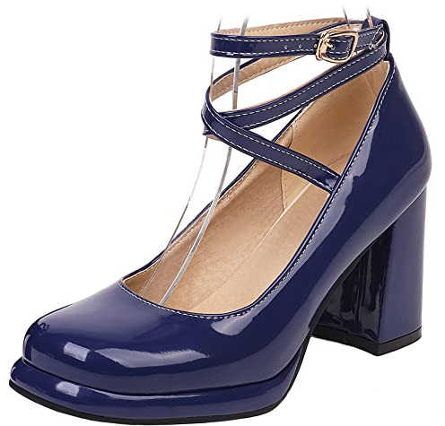 Scarpe Mary Jane da Donna con Tacco Largo, Pompe al Tallone Alto Punta Rotonda Fibbia Vestito Pumps con Plateau Criss Cross Strap Moda Smndwn Blu Numero 41 EU