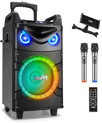Moukey Karaoke Machine, 12 Woofer PA System, Portable Bluetooth Speaker with 2 Wireless Microphones, Party Lights and Echo/Treble/Bass Adjustment, Supports TWS/REC/AUX IN/MP3/USB/TF/FM - MTs12-1