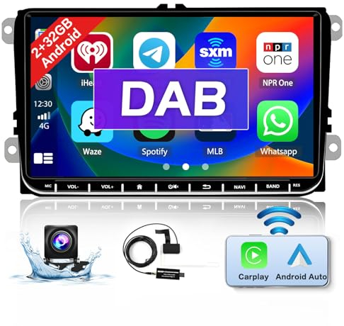 Hikity 2+64GB Dab+ Radio de Coche Inalámbrico Carplay para VW Golf 5 6 Passat Seat con Wireless Android Auto 9'' Autoradio Bluetooth con Pantalla Táctil GPS WiFi HiFi SWC Dab RDS FM Cámara Trasera