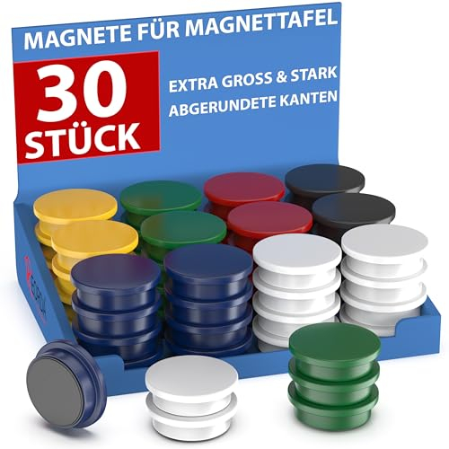 REORDA® Magnete für Magnettafel stark - 30x für Whiteboard, Pinnwand, als Kühlschrank Magnete & Tafelmagnete stark haftend, Magnete rund - Bunt