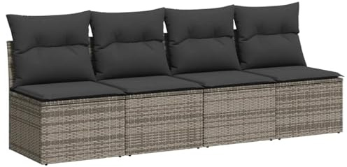 vidaXL Sofá de Jardín con Cojines 4 Plazas, Asiento Exterior, Sofá Descanso, Mueble para Patio Terraza Balcón, Ratán Sintético Gris