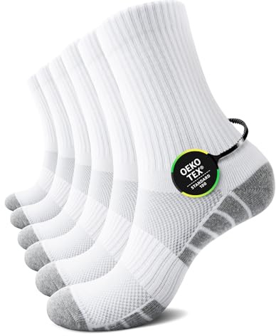 TUUHAW White Socks Men Running Sports Hiking Walking Mens Socks 12-14 Uk Golf Cycling Gym Riding Tennis Basketball Cotton Multipack Moisture Wicking Anti Blister Crew Sock 6 Pairs Breathable