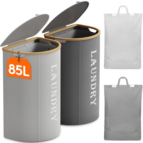 Lifewit 170L Wäschekorb mit Deckel, 2er Pack, Großer Wäschesammler mit 2 Fächern und 2 abnehmbaren Wäschesäcken, Faltbare Wäschekörbe für Waschküche, Schlafzimmer, Grau und Silbergrau
