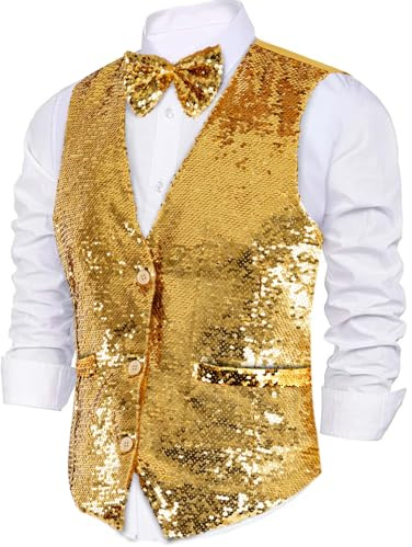 Dress Up America Gilet À Paillettes Avec Nœud Papillon - Gilet Scintillant Pour Homme - Gilet De Soirée Pour Adulte - Gilet À Paillettes Pour Homme