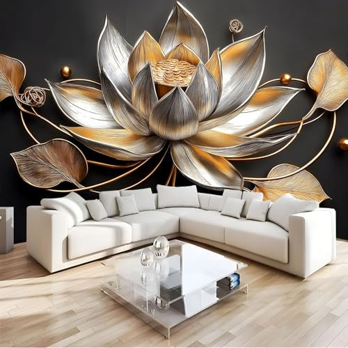 MIATCENRT Papel Tapiz 3D, Metal Flores de Loto Rollos de Papel Tapiz de Abstractas Para El Hogar Dormitorio Sala de Estar Papel Tapiz, decoración de Paredes Papel Pintado, 150Anx105Al Cm