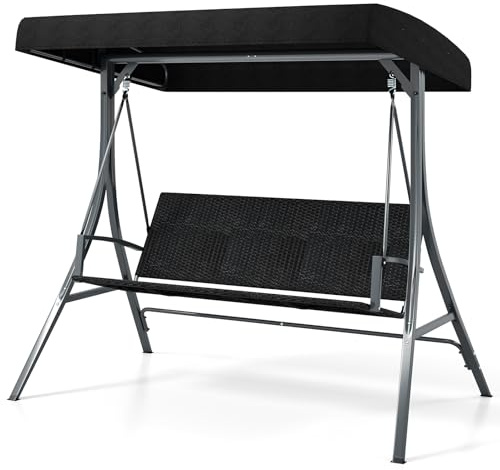 COSTWAY 3 Seater Garden Swing Chair, Outdoor Indoor Canopy Swing with Rattan Seat Back and Adjustable Shade, 450kg Max Load Metal Frame Hammock Swinging Bench Lounger Seat