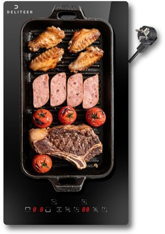 DELITEER Induktionskochfeld 2 Zonen mit Stecker, Kochfeld Induktion 30 cm Einbau, Touch-Steuerung, Flexzone für Grill, Berührungssteuerung, 3500W, 16-A Steckerdose, 230V