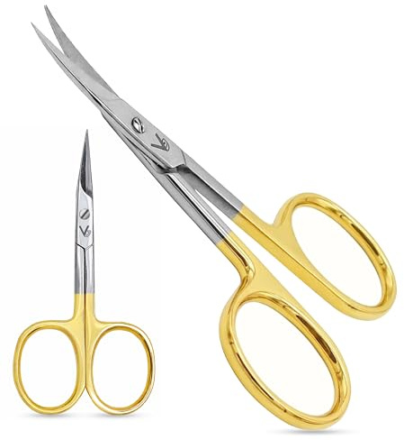 VIDA GOODS Nail Scissors 9cm Gold Handle Pointed Curved Scissors – Extra Fine Stainless Steel Manicure Shears for Nails, Eyebrows, Beard & Mustache - Precision Grooming Tool for Men & Women
