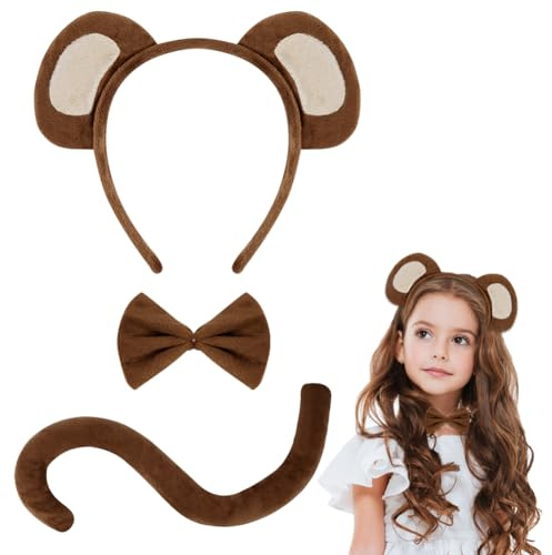 AOOWU Animal Costume Accessories set, 4PCS Monkey Headband, Tail & Bow tie Set for Kid and Adult, Animal Fancy Dress for Halloween Birthday Christmas Cosplay Accessory Monkey Theme Party Favors