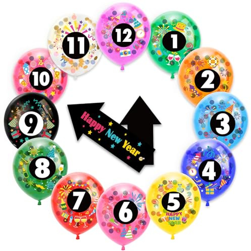 HOWAF New Years Eve Decorations 2026 Balloons, 1-12 Numbers Happy New Year Countdown Balloons with Confetti Inside, Wall Clock Countdown Games for NYE Party Decorations 2026, Multicolor