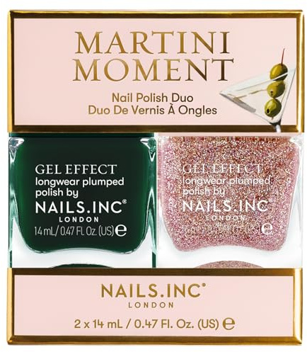 Nails Inc Martini Moment Nail Polish Duo, Long Lasting, Easy Manicure Look, Cruelty Free, Vegan, 21 Free Formula, Olive Forest Green, Gold Shimmer, Gold Glitter, Gel Effect, 2 Piece Set