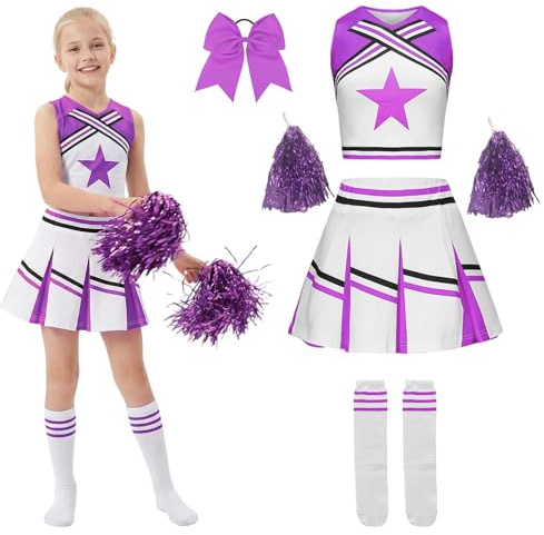 Moerstar Costume da cheerleader per bambini e bambine, con pompon da cheerleader, con fiocco, per capelli, da cheerleading, carnevale, Halloween, colore viola, 150