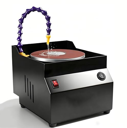 RKXKJ Lijadora De Banco Húmeda, Afilador Eléctrico De Cuchillos, con 10 Lijas De 150 Mm, 7 Velocidades, hasta 3350 RPM, Agua Reciclada, Uso En Seco Y Húmedo, para Cuchillos De Chef
