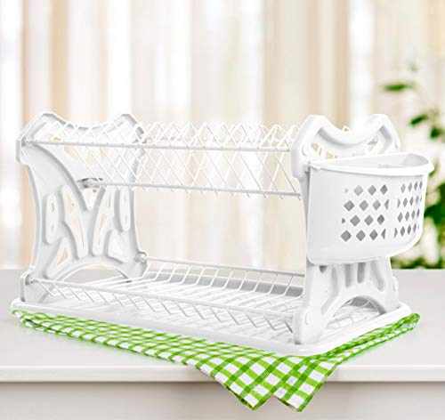 Escurreplatos de 2 niveles, color blanco, PK52, escurridor, bandeja de goteo, bandeja para secar platos con posavasos y cesta para cubiertos