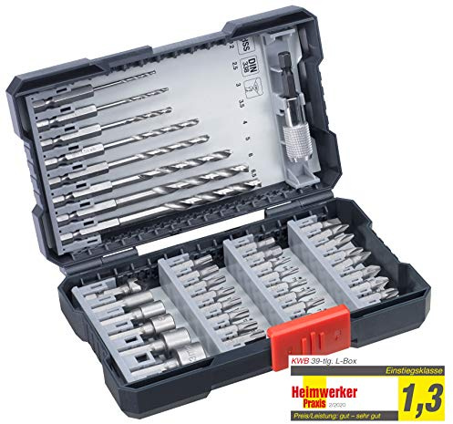 kwb Caja de 39 piezas con vástago hexagonal, 8 brocas de metal HSS y puntas PH, PZ y TX, incluye avellanador, portapuntas y puntas de llave de vaso