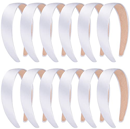 SIQUK 12 Pieces Satin Headbands 1 Inch Wide Headbands Non-slip White Headband DIY Headband for Women and Girls