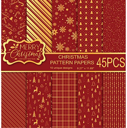 MIAHART 45 Fogli Buon Natale Carta Modello Set 10 Disegni Festival Carta Decorativa Artigianale Fronte-retro per Cartoline Scrapbook, Formato A4-Rosso e Oro