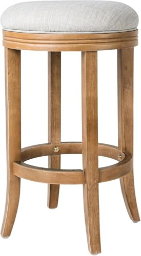 Maven Lane Eva Bar Stool 31 Inches – Round Swivel Stool with Footrest – Brown Solid Wood and Natural Fabric Upholstery – Ideal for Bars, Pubs, and Tall Kitchen Counters