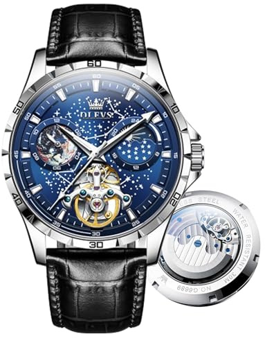 OLEVS Reloj de pulsera automático para hombre, diseño de esqueleto de cielo estrellado, Tourbillon, cuerda automática, resistente al agua y luminosa, correa de reloj de precisión de acero inoxidable,
