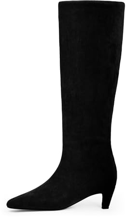 Modatope Knee High Boots Women Square Toe Kitten Heel Tall Boots Womens Fashion Long Boots, Black Suede, 5 UK