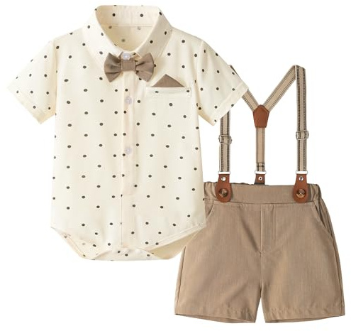 Volunboy Bebé Niño Caballero Conjunto, Camisa de Manga Corta con Pajarita + Corta Pantalón Traje Ropa(Puntos Caqui,3-6 meses,Tamaño 59)