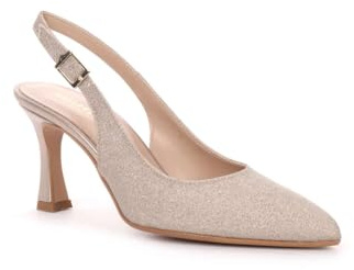 Valleverde 19101C Scarpe Eleganti da Donna con Tacco, Slingback Glitterato Champagne, Tacco 8 cm, Punta a Mandorla (Platino, Sistema Taglie Calzature EU, Adulto, Donna, Numero, Media, 35)
