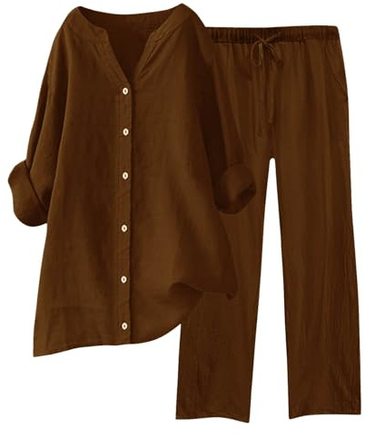Womens Lounge Wear Linen Co Ord Sets for Women UK Sales Plus Size Ladies Cotton Linen Tracksuit Set 2 Piece Summer Outfits Long Sleeve Blouses Tops and Wide Leg Trousers Casual Solid Loungewear