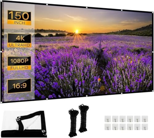 Canvasprojektor 150 tum: Rysch förtjockad och bärbar projektorduk 330 x 187 cm, 16:9 HD vikbar och skrynkelfri projektionsduk för hemmabio, trädgård, camping, kontor, inkl. krokar och rep