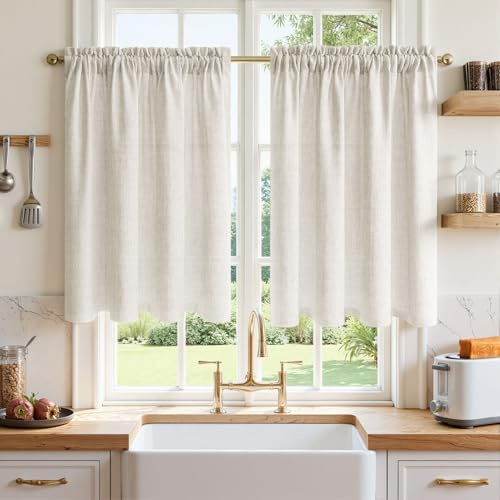 MRTREES Cortinas Cocina Efecto Lino Blanco Marfil, Cortina Cocina Ventana 60 x 45 cm (AnxAl) Pasabarras 2 Piezas, Visillos Cortos Translúcidas para Ventanas Pequeña Baño Café Bistro