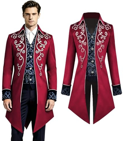 Crubelon Men's Steampunk Tailcoat – Vintage Victorian Gothic Coat with Embroidery – Elegant Medieval Vampire & Pirate Cosplay Costume for Halloween, Carnival, and Parties(Red, XXL)