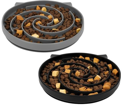 Alaoo Silicone Slow Feeder Cat Bowl, 2Pcs Anti Choking Puzzle Cat Food Bowl with Non-Slip Base, Silicone Dog Feeding Bowl for Puppies & Cats, Gray + Black