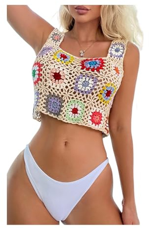 Top Corto de Playa de Ganchillo de Tirantes Anchos Estilo Boho (Talla S-L) – Top de Punto Calado de Verano con Flores de Cuadrado de la Abuela (Beige, Negro, Blanco)