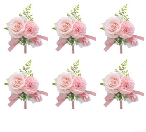 6 set bröllopskorsettar tygrosor för män (rosa) | Eleganta konstgjorda rosor, för delikat grönska, sofistikerad touch, vit rosa beige, bröllopsdekor
