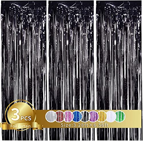 3 Stück Schwarz Metallic Lametta Vorhänge,Tinsel Folie Vorhang Folienfransen Vorhang für Hochzeit Verlobung Brautdusche Geburtstag Bachelorette Party Bühnendekor …
