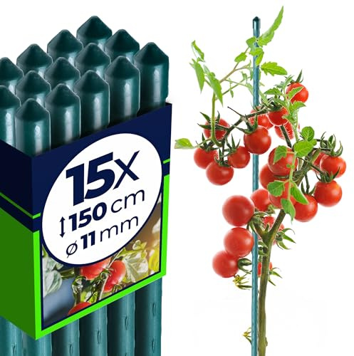 KADAX Supporti in Acciaio Plasticato – 15 x 150cmx11mm, Sostegni per Pomodori, Bastoncini di Supporto per Piante Rampicanti, Pali per Orto e Giardino