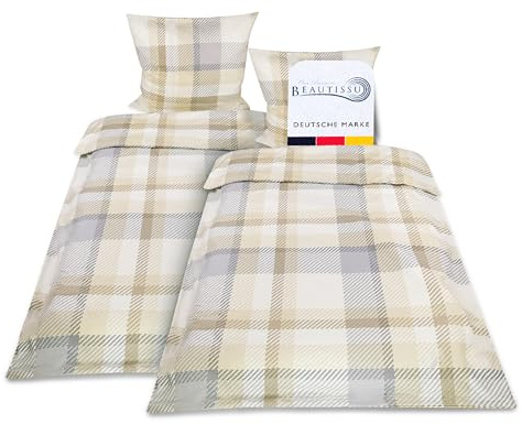 Beautissu Set da 2 Copripiumino in flanella 155x220 Mira - Federa Cuscino 80x80 - Biancheria da Letto Singolo, in 100% cotone, dotato di cerniera - Beige