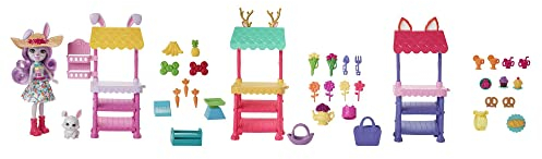 Enchantimals HHC17 - City Tails Bauern-Markt Spielset mit Hasen-Mädchen Becker Bunny Puppe und Hasen-Figur Lop, 3 Markt-Ständen, inklusive diverser Zubehör-Teile, Spielzeug für Kinder ab 4 Jahren