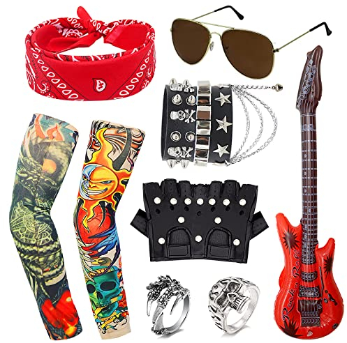 11Pcs Punk Gothic Rocker Costume Set, Rock Heavy Metal Accessories with Retro Sunglasses Gloves Bandana Fake Tattoo Sleeves Bracelet Rings Inflatable Guitar for Women Men Halloween 80s Disco Party