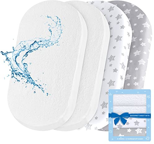 Bassinet Sheets & Waterproof Bassinet Mattress Pad Protector 4 Pack Set, Viscose Terry, Universal Fit for Oval, Hourglass and Rectangular Mattress, Grey & White