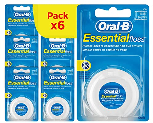 Oral-B Filo Interdentale Cerato EssentialFloss Al Sapore Di Menta 50m. Resistente a strappi e sfilacciamenti. 6 confezioni di Fili Interdentali