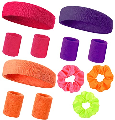 Neon 80er Schweißband Set, Schweißbänder Handgelenk Schweißband Stirn Schweissband Retro Party 9 Teiliges Jahre Stirn Schweißband Handgelenk und 3 Stück Schöne Athletisches für Sport Damen und Herren